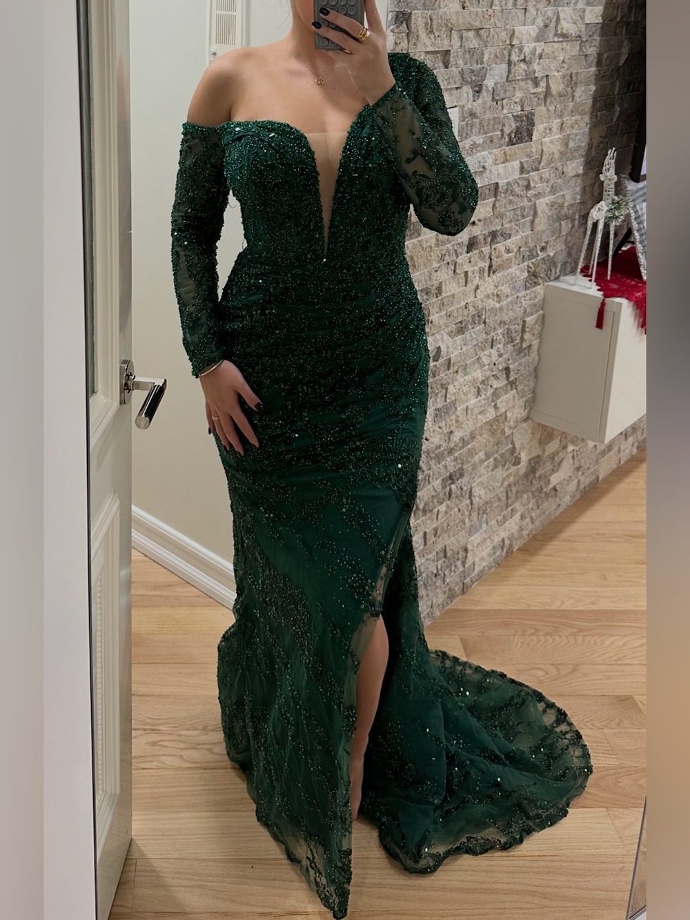 Custom-made emerald green asymmetrical evening gown from NYC Glamour Couture.
